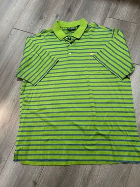 Amen Corner Men's Lime Green Striped Polo Shirt with Blue Accents